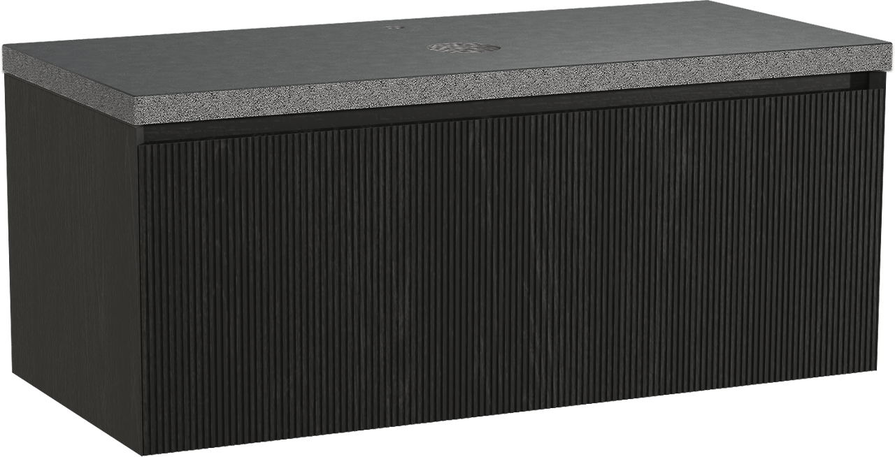 Balmani Fila zwevend badmeubel 120 x 55 cm zwart eiken met Rock enkel wastafelblad in zwart graniet, Verticale symmetrische rechte ribbel