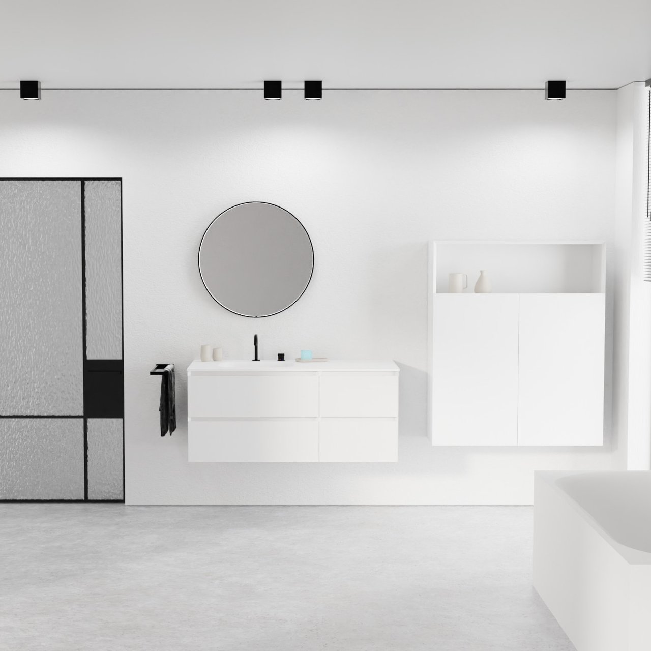 Balmani Mitra hängendes Möbelstück Set: 120 x 55 cm, Weiß matt, mit Tablo Arcato Waschtisch links, Solid Surface Weiß matt