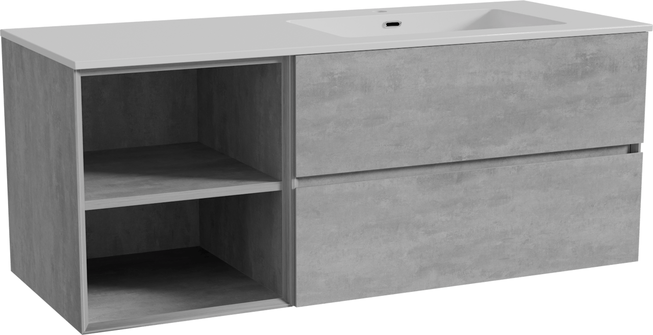 Storke Edge meuble salle de bains suspendu 130 x 52 cm béton gris foncé avec Diva plan vasque asymétrique à droite en marbre composite blanc brillant