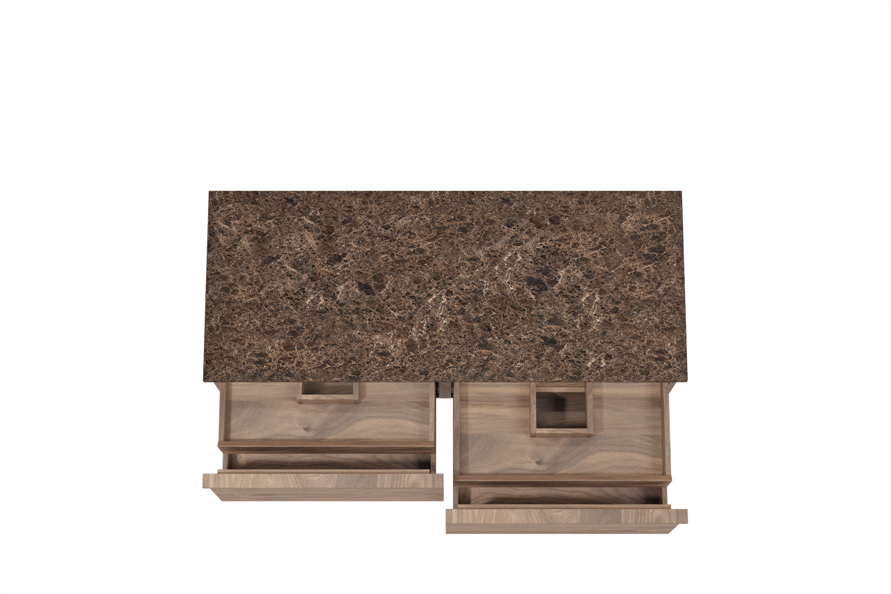 Balmani Forma zwevend badkamermeubel 135 x 55 cm amerikaanse notelaar met Stretto enkel of dubbel tablet in marmer dark emperador, Horizontale symmetrische rechte ribbel