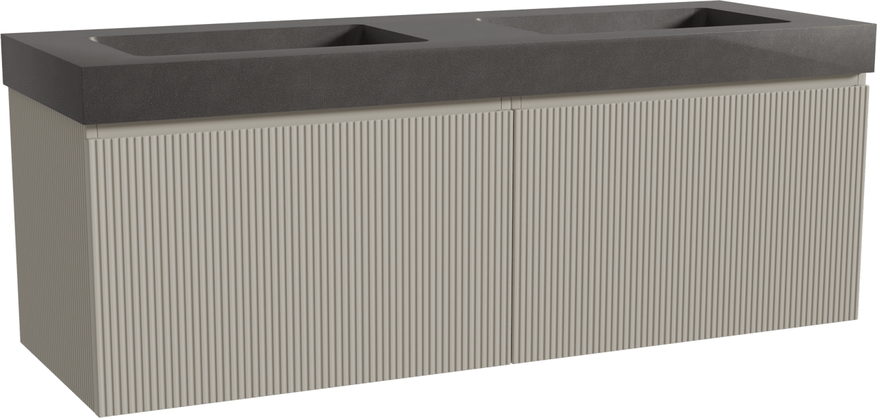 Storke Ribs meuble salle de bains suspendu 150 x 52 cm soie grise avec Scuro High double vasque en quartz noir mat, Nervure droite symétrique verticale