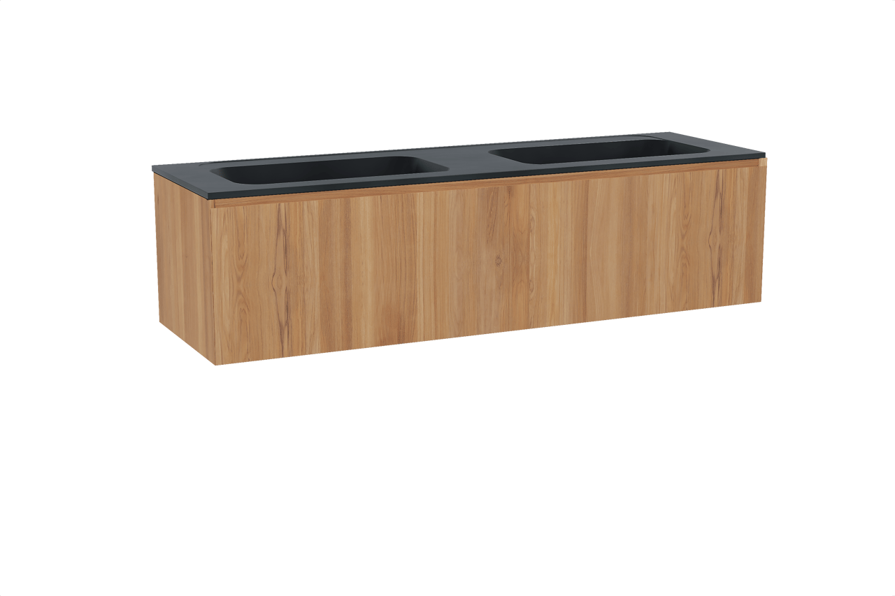 Balmani Idra hängendes Möbelstück Set: 180 x 55 cm, Teak, mit Tablo Strada Doppelwaschtisch, Marmorkomposit Schwarz matt