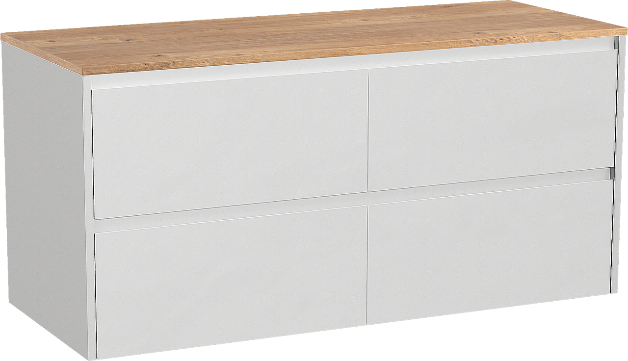 Storke Seda zwevend badmeubel 130 x 52 cm mat wit met Panton enkel of dubbel wastafelblad in melamine ruw eiken