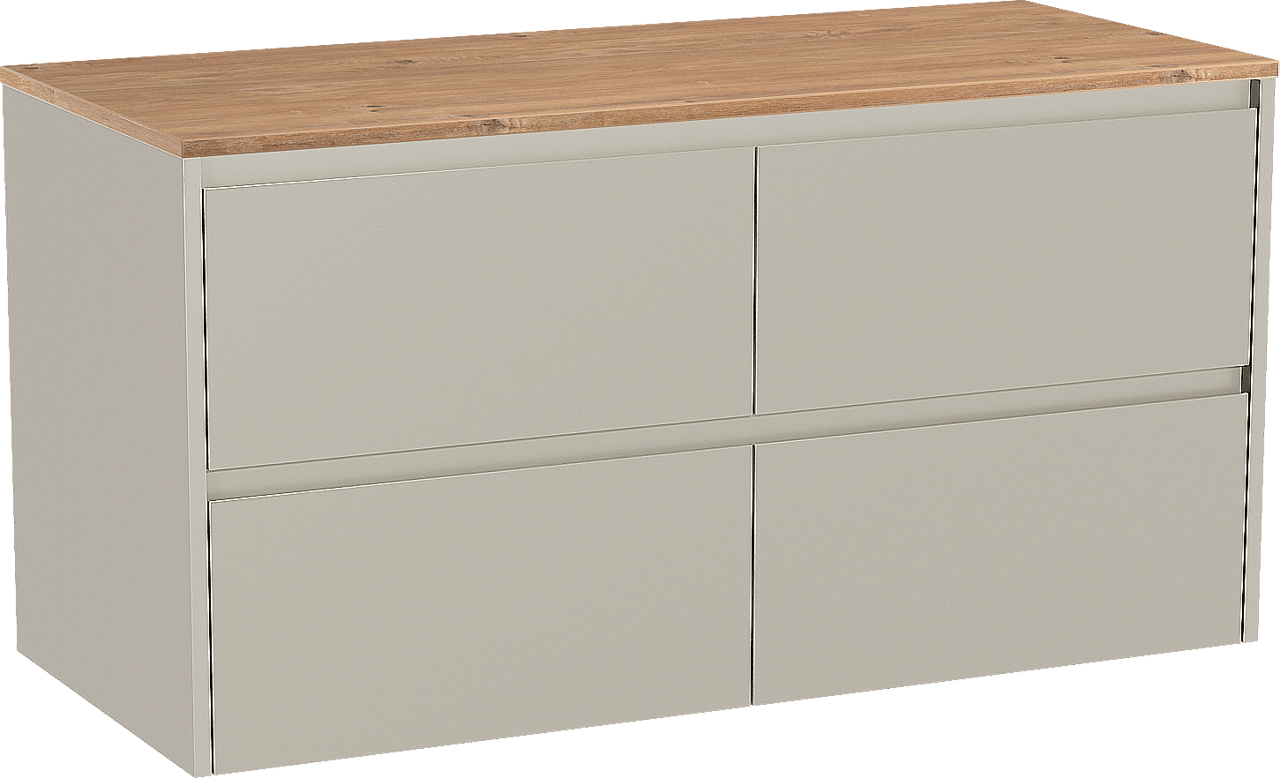 Storke Seda zwevend badmeubel 120 x 52 cm zijdegrijs met Panton enkel of dubbel wastafelblad in melamine ruw eiken