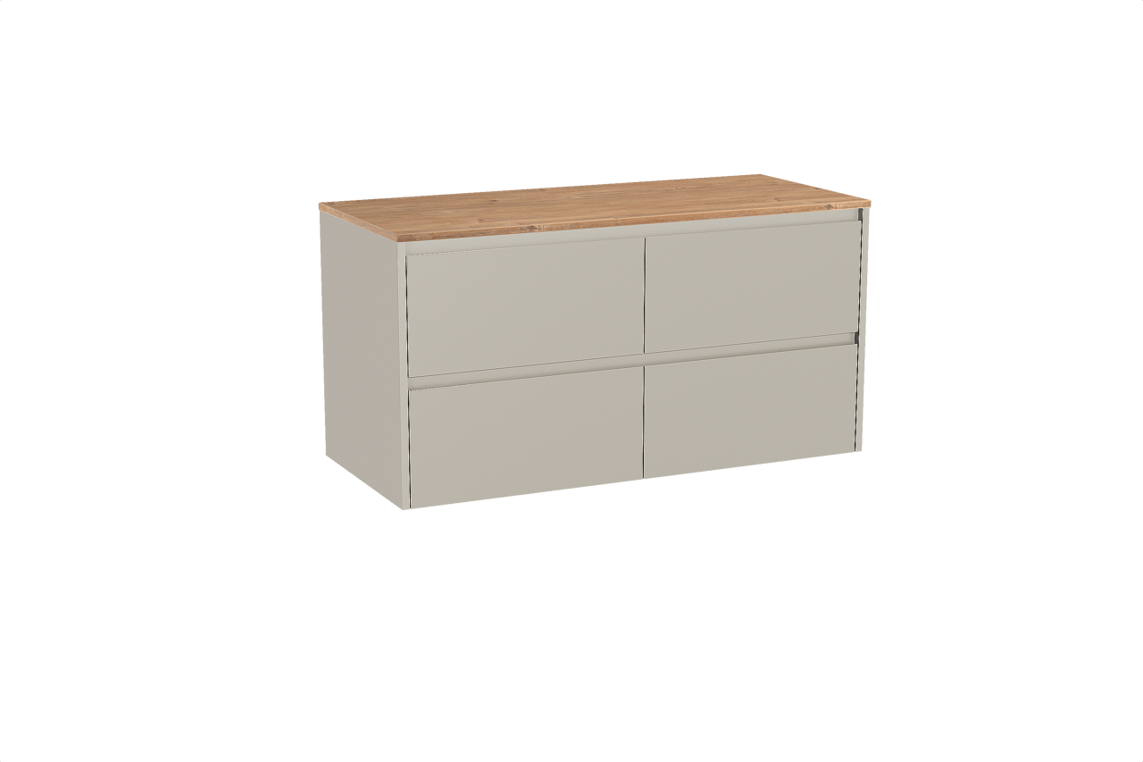 Storke Seda hängendes Möbelstück Set: 120 x 52 cm, Seidengrau, mit Panton Einzel- oder Doppel Waschtischplatte, Melamin Rohe Eiche