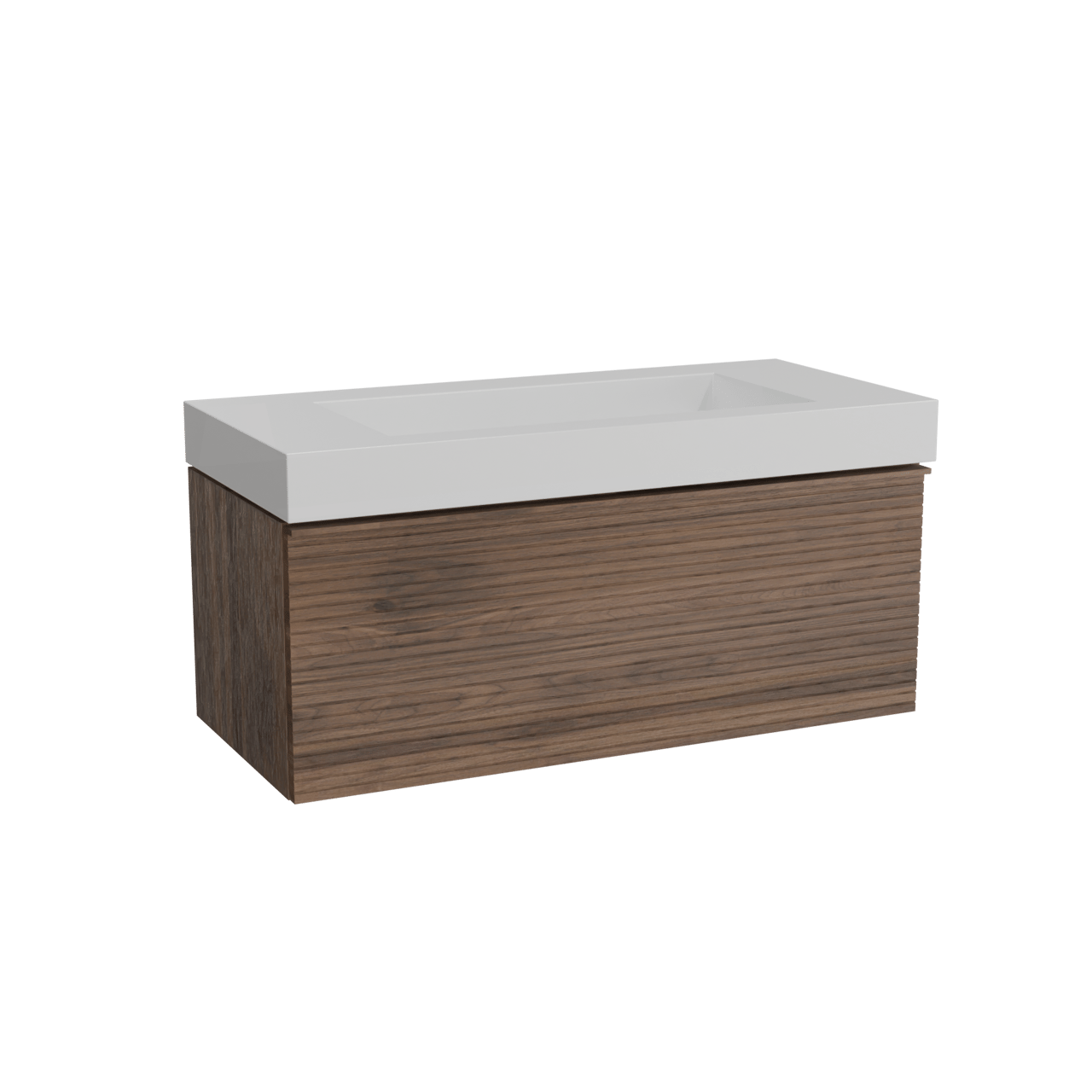 Balmani Forma hängendes Möbelstück Set: 120 x 55 cm, Amerikanischer Nussbaum, mit Modus Einzelwaschtisch für 2 Armaturenlöcher, Solid Surface, Weiß matt, Horizontale symmetrische gerade Rippe