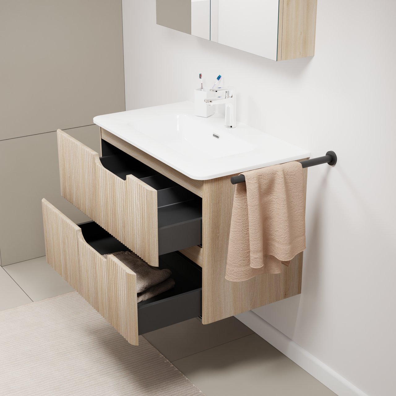 Linie Curvo meuble salle de bains suspendu 80 x 46 cm chêne clair avec Baro Curvo plan simple en porcelaine blanc brillant, Nervure circulaire symétrique verticale