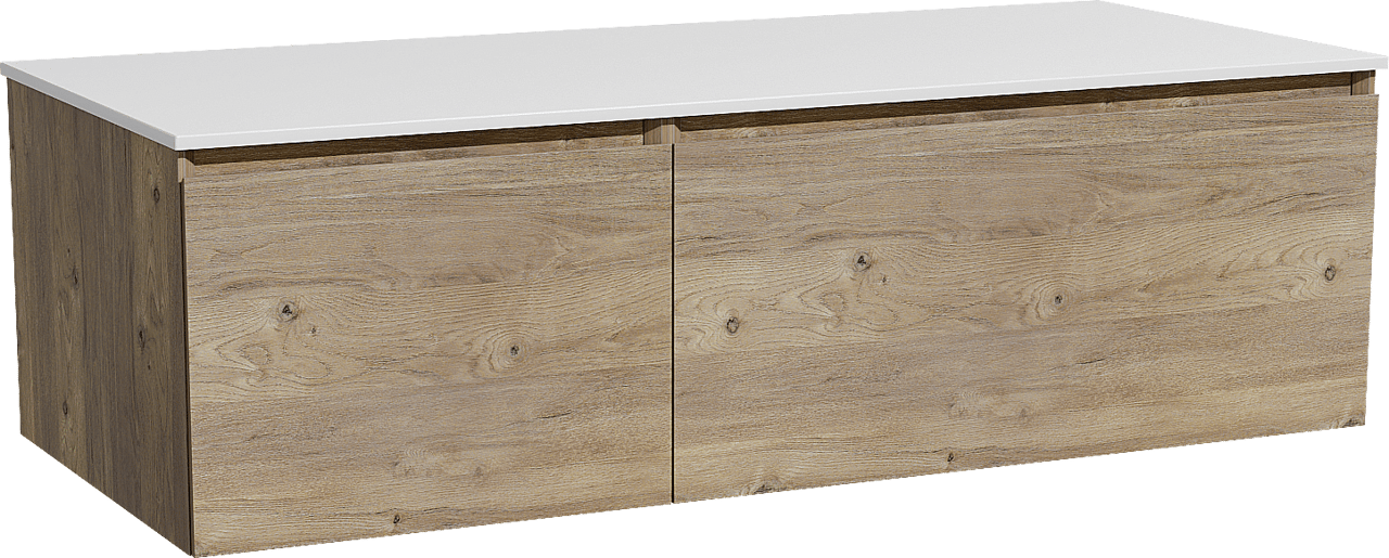 Storke Edge zwevend badmeubel 120 x 52 cm ruw eiken met Tavola enkel of dubbel wastafelblad in solid surface mat wit