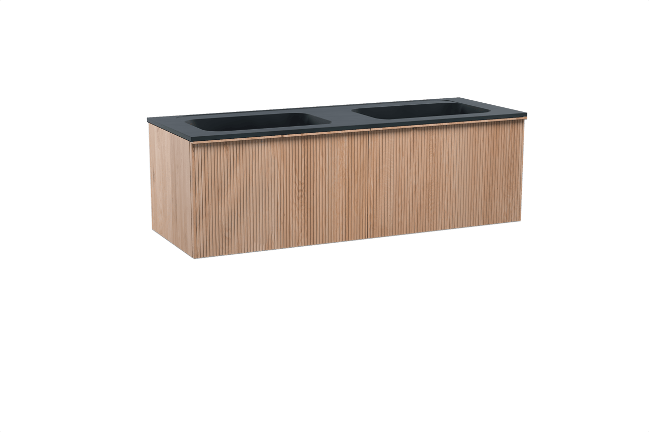 Balmani Forma zwevend badmeubel 150 x 55 cm naturel eiken met Tablo Strada dubbele wastafel in composietmarmer mat zwart, Verticale symmetrische rechte ribbel