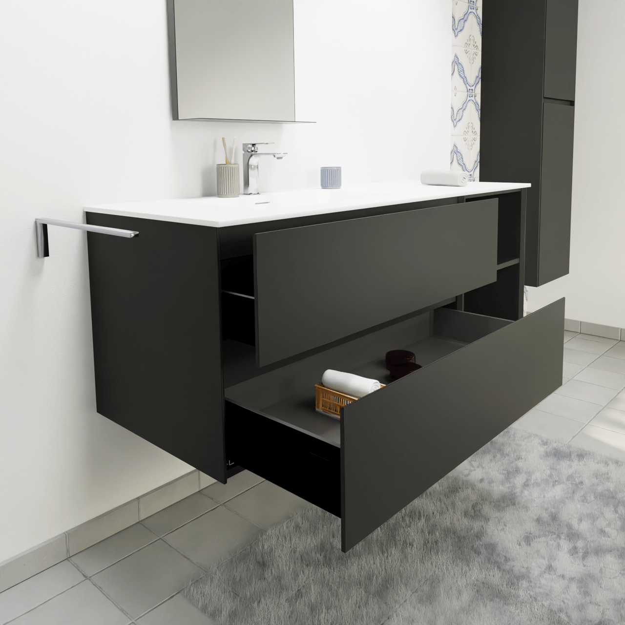 Storke Edge hängendes Möbelstück Set: 140 x 52 cm, Schwarz matt, mit Mata Waschtisch links, Solid Surface Weiß matt