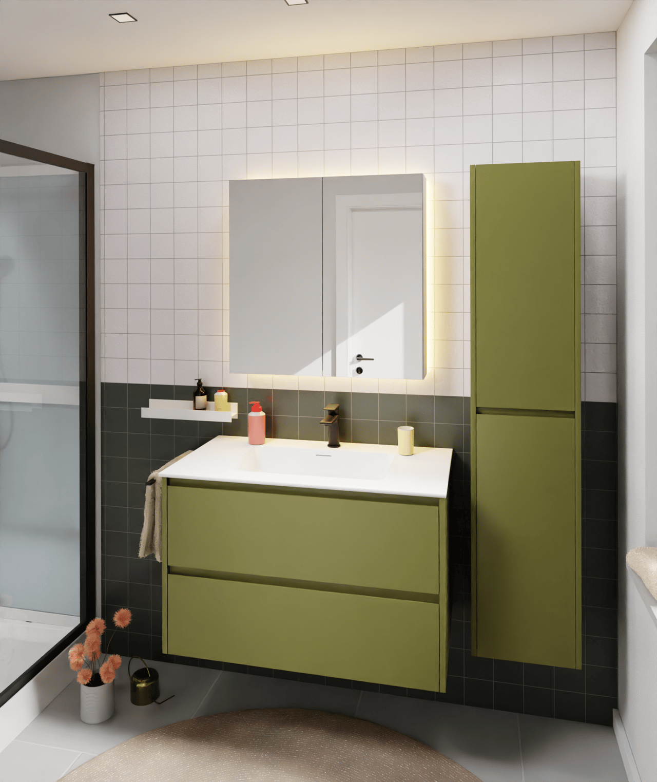 Storke Seda hängender Waschbeckenunterschrank: 95 x 52 cm, Olivgrün, 2 Schubladen