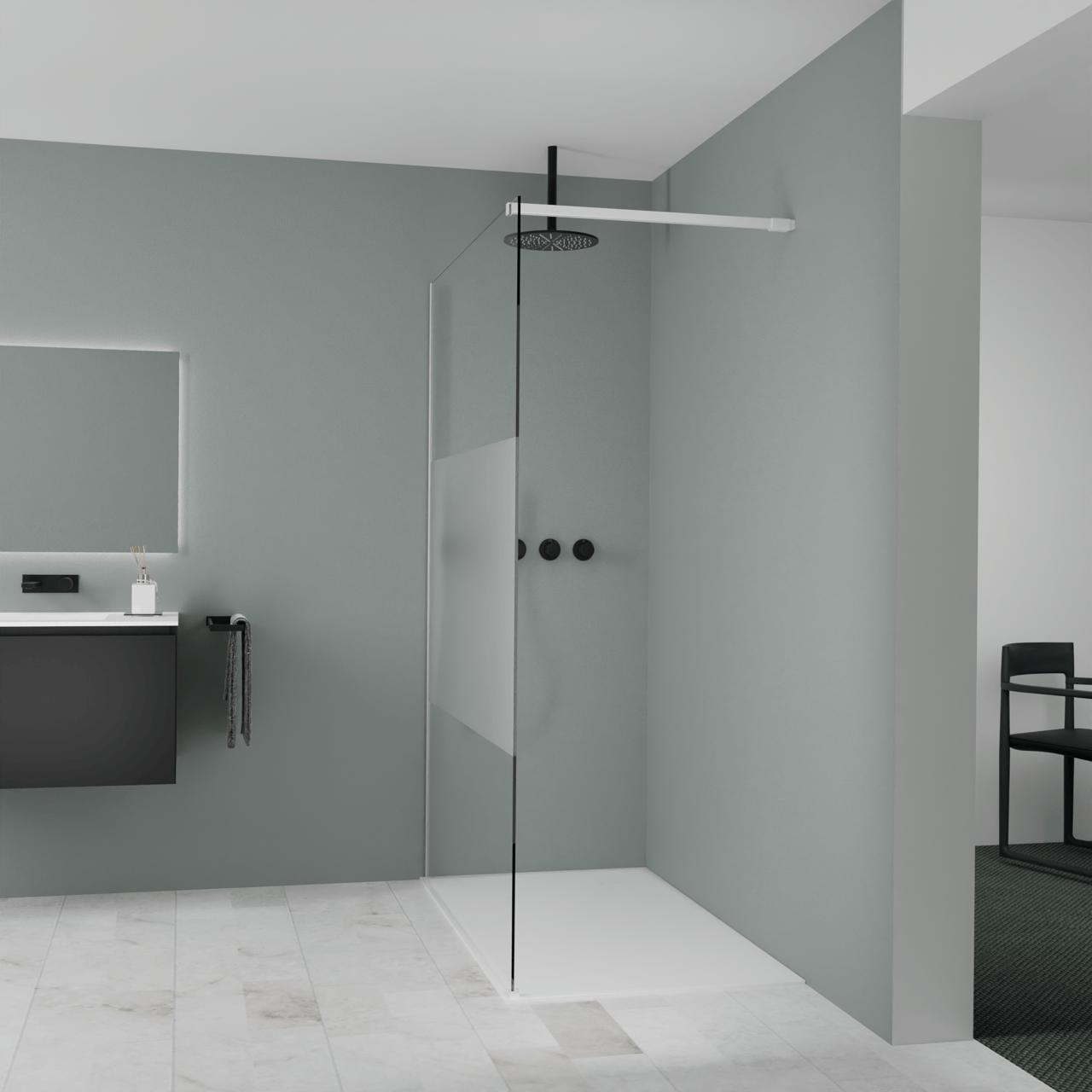 Balmani Modular inloopdouche: 140 x 200 cm, Helder glas met matte strook met coating, Mat witte profielen