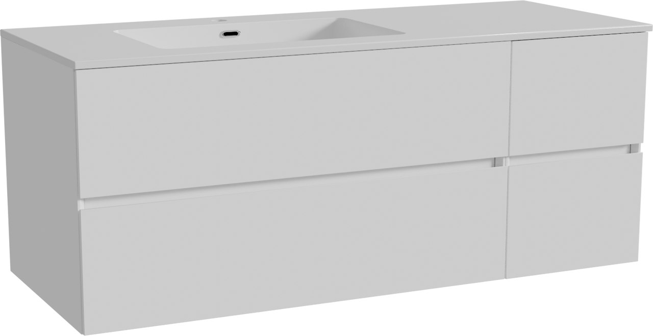 Storke Edge meuble salle de bains suspendu 130 x 52 cm blanc brillant avec Diva plan vasque asymétrique à gauche en marbre composite blanc brillant