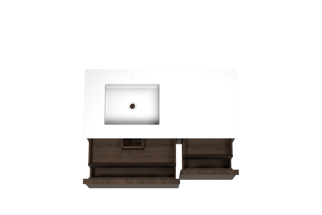 Balmani Forma hängendes Möbelstück Set: 120 x 55 cm, Geräucherte Eiche, mit Tablo Stretto Waschtisch links, Solid Surface, Weiß matt, Vertikale symmetrische gerade Rippe
