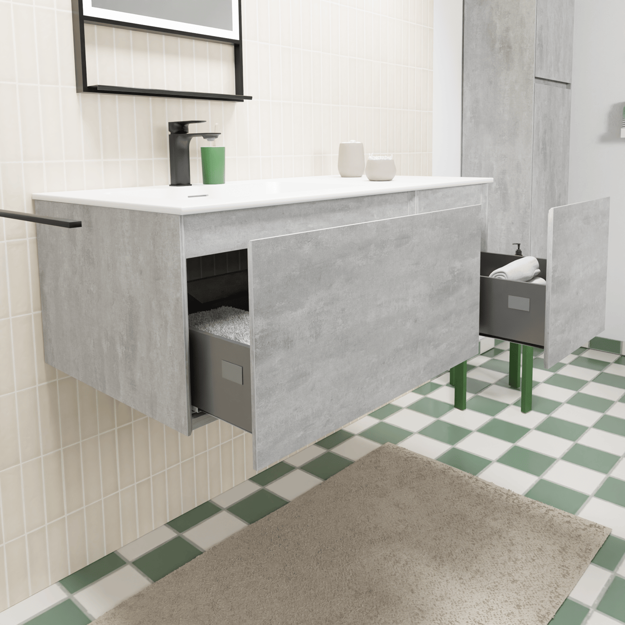 Storke Edge meuble salle de bains suspendu 100 x 52 cm béton gris foncé avec Mata plan vasque asymétrique à gauche en solid surface blanc mat
