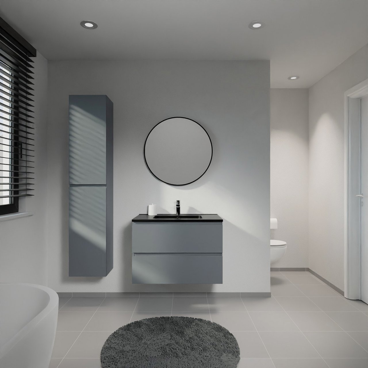 Linie Lado hängendes Möbelstück Set: 80 x 46 cm, Anthrazitblau, mit Vano Einzelwaschtisch, Marmorkomposit Schwarz matt