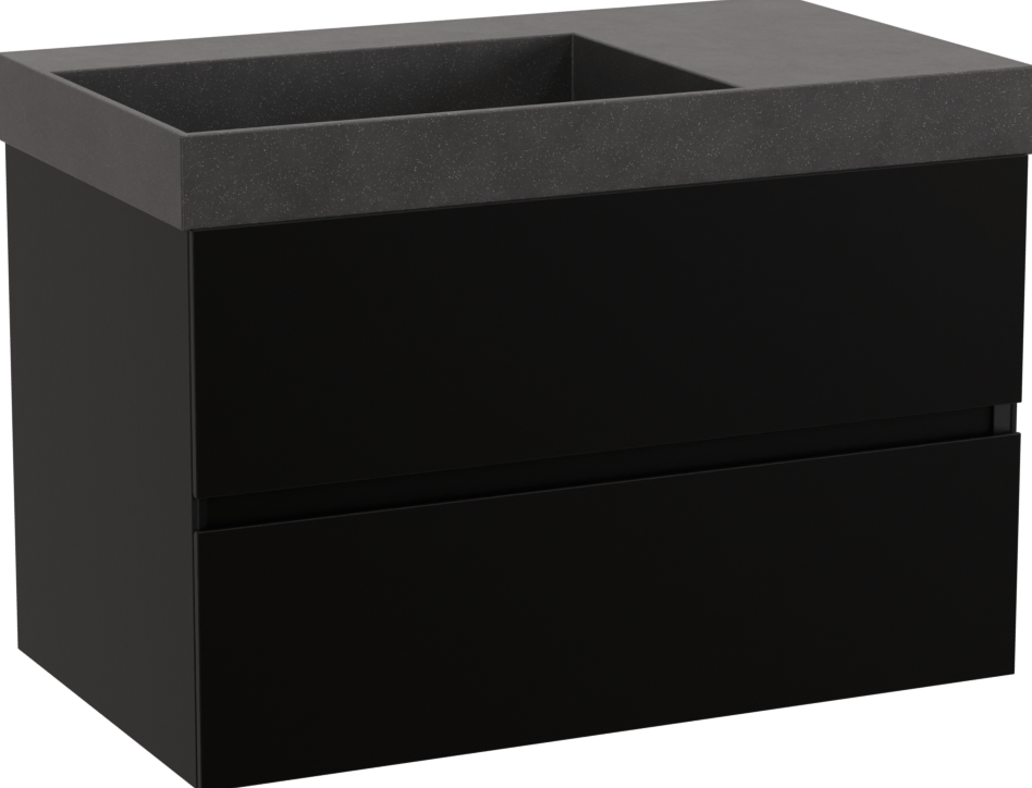 Storke Edge zwevend badmeubel 80 x 46 cm mat zwart met Jura asymmetrisch linkse wastafel in kwarts mat zwart