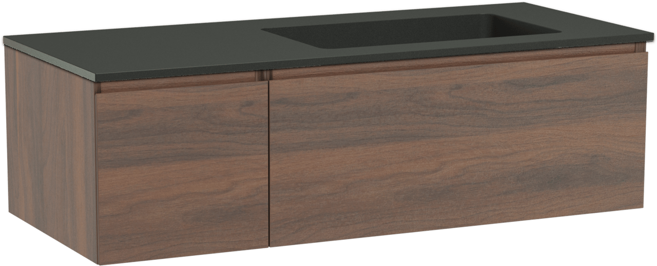 Storke Edge meuble salle de bains suspendu 120 x 52 cm noyer avec Scuro vasque asymétrique droite en quartz noir mat