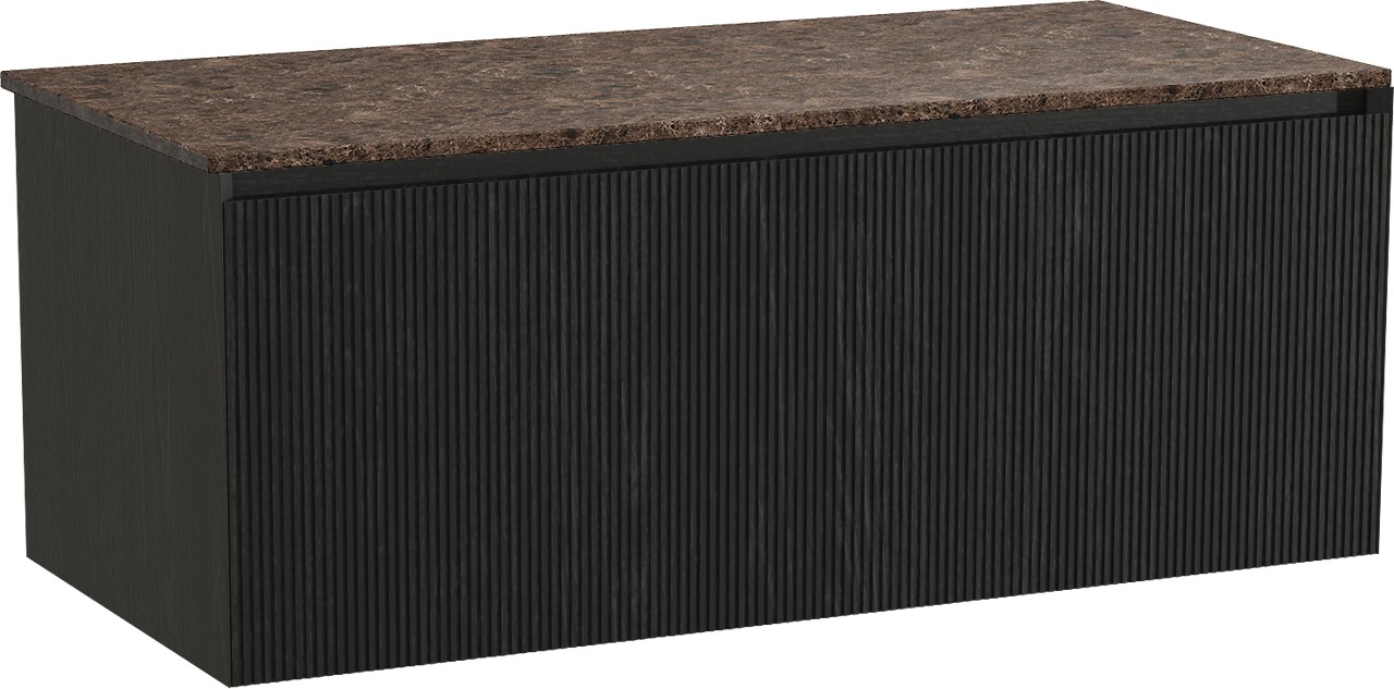 Balmani Fila hängendes Möbelstück Set: 120 x 55 cm, Schwarze Eiche, mit Stretto Einzel- oder Doppel Waschtischplatte, Marmor, Dark Emperador, Vertikale symmetrische gerade Rippe