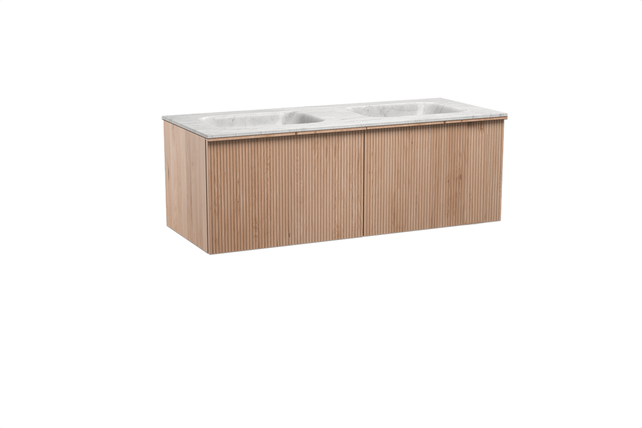 Balmani Forma zwevend badkamermeubel 135 x 55 cm natuur eik met Tablo Arcato dubbele wastafel in marmer carrara, Verticale symmetrische rechte ribbel