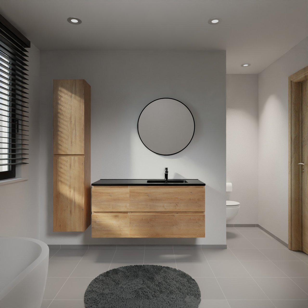 Linie Lado meuble salle de bains suspendu 120 x 46 cm chêne naturel avec Vano vasque asymétrique droite en marbre composite noir mat