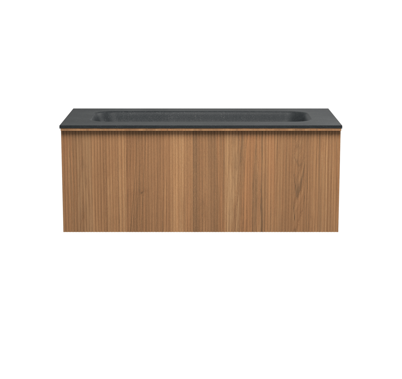 Balmani Forma hängendes Möbelstück Set: 120 x 55 cm, Teak, mit Tablo Arcato Einzelwaschtisch für 2 Armaturenlöcher, Granit, Schwarzes Granit, Vertikale symmetrische gerade Rippe