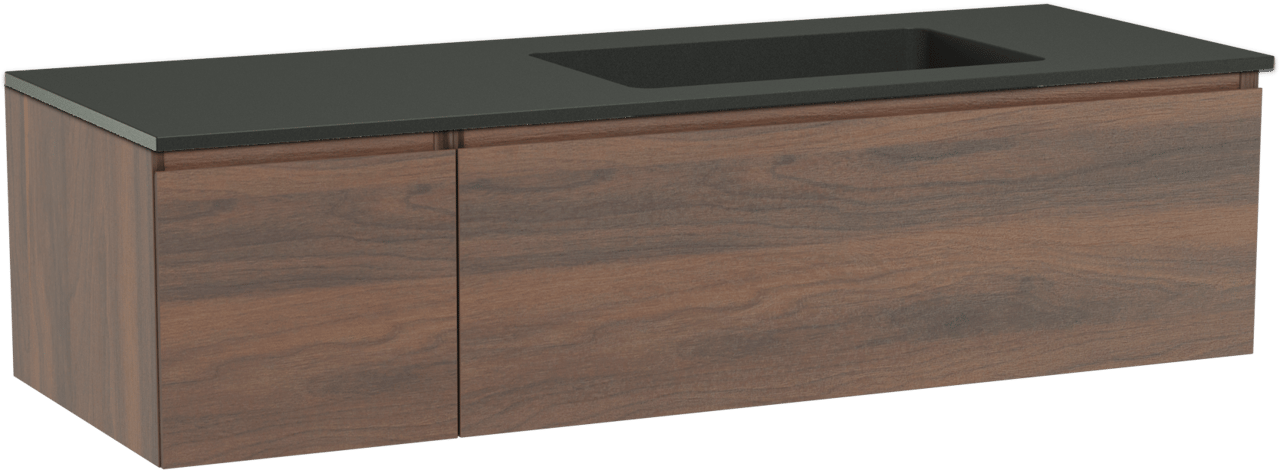 Storke Edge zwevend badmeubel 140 x 52 cm notenhout met Scuro asymmetrisch rechtse wastafel in kwarts mat zwart