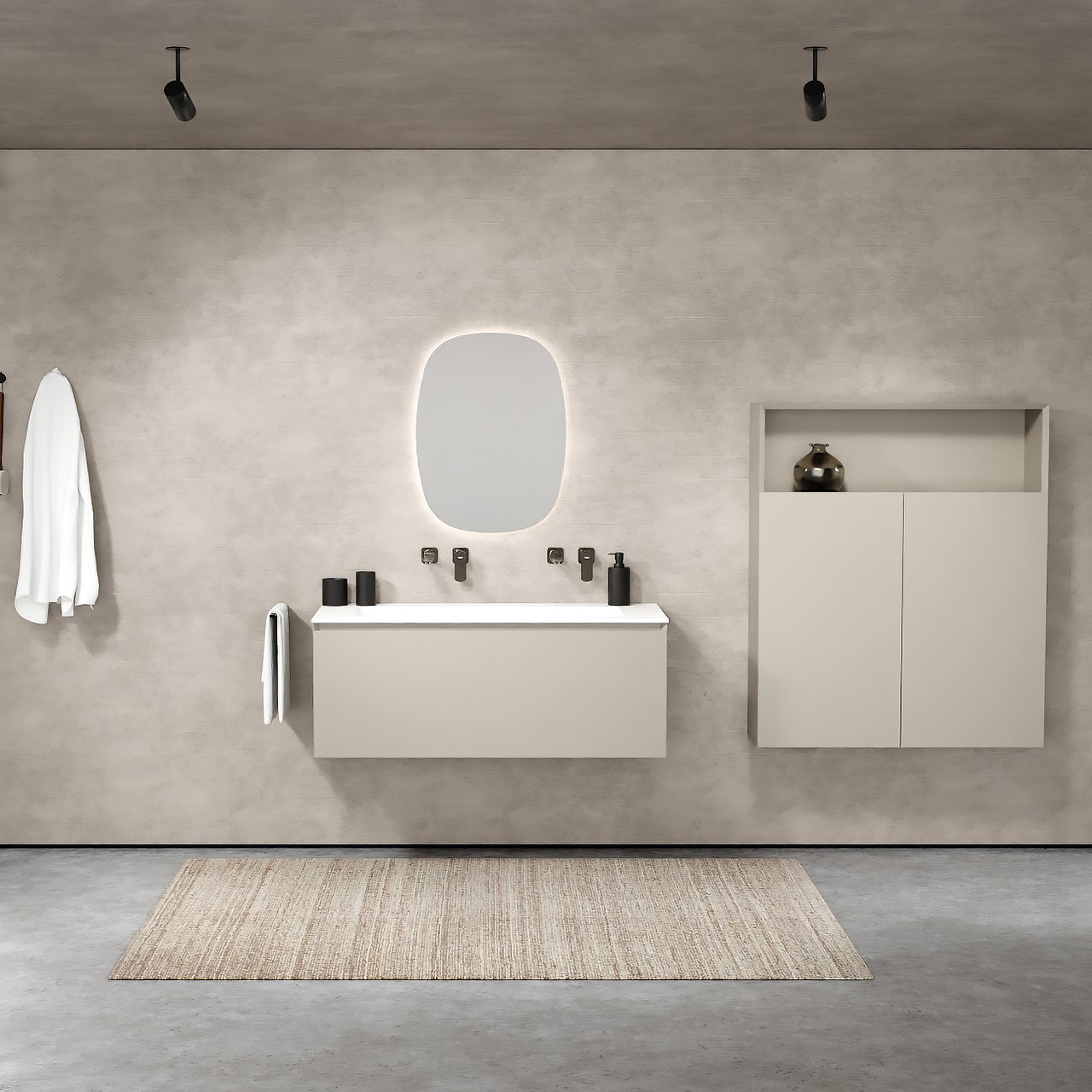 Balmani Idra zwevend badmeubel 120 x 55 cm steengrijs met Tablo Arcato enkele wastafel voor 2 kraangaten in solid surface mat wit