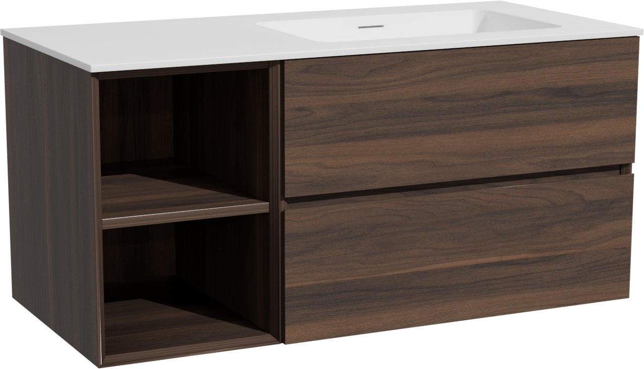 Storke Edge hängendes Möbelstück Set: 110 x 52 cm, Nussbaum, mit Mata Waschtisch rechts, Solid Surface Weiß matt