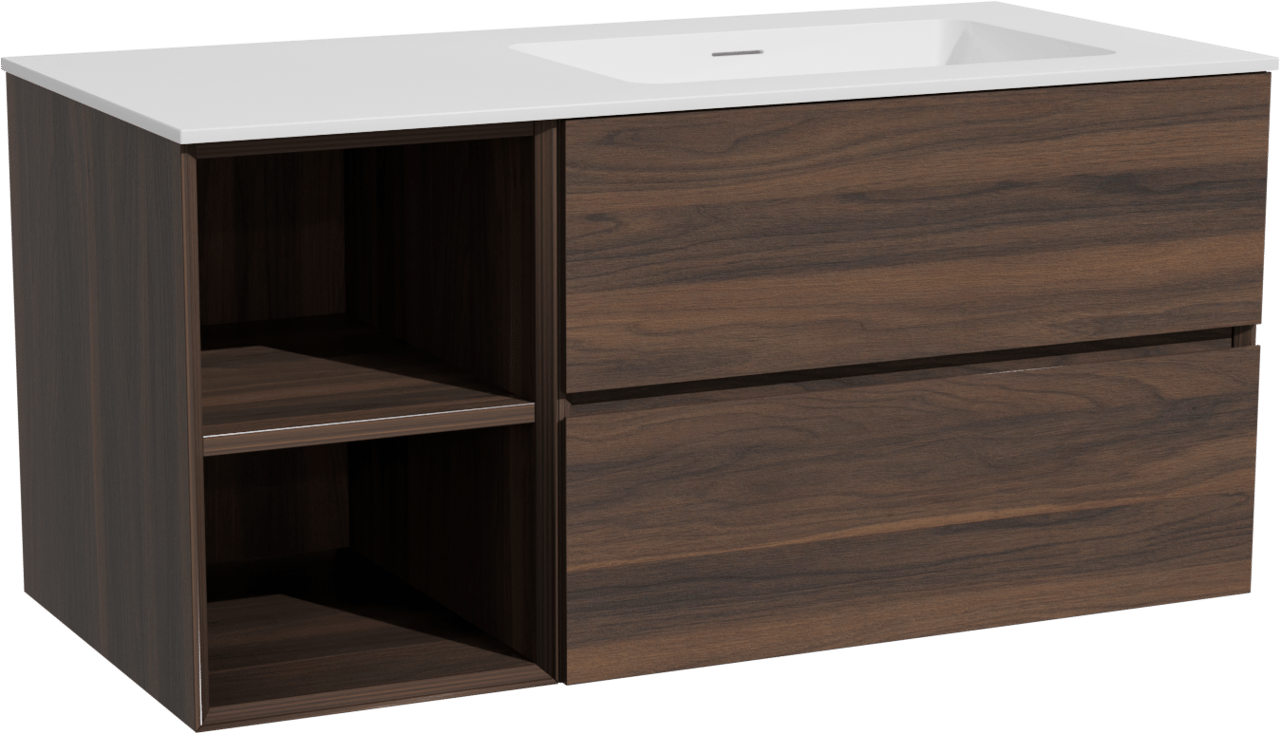 Storke Edge zwevend badmeubel 110 x 52 cm notenhout met Mata asymmetrisch rechtse wastafel in solid surface mat wit