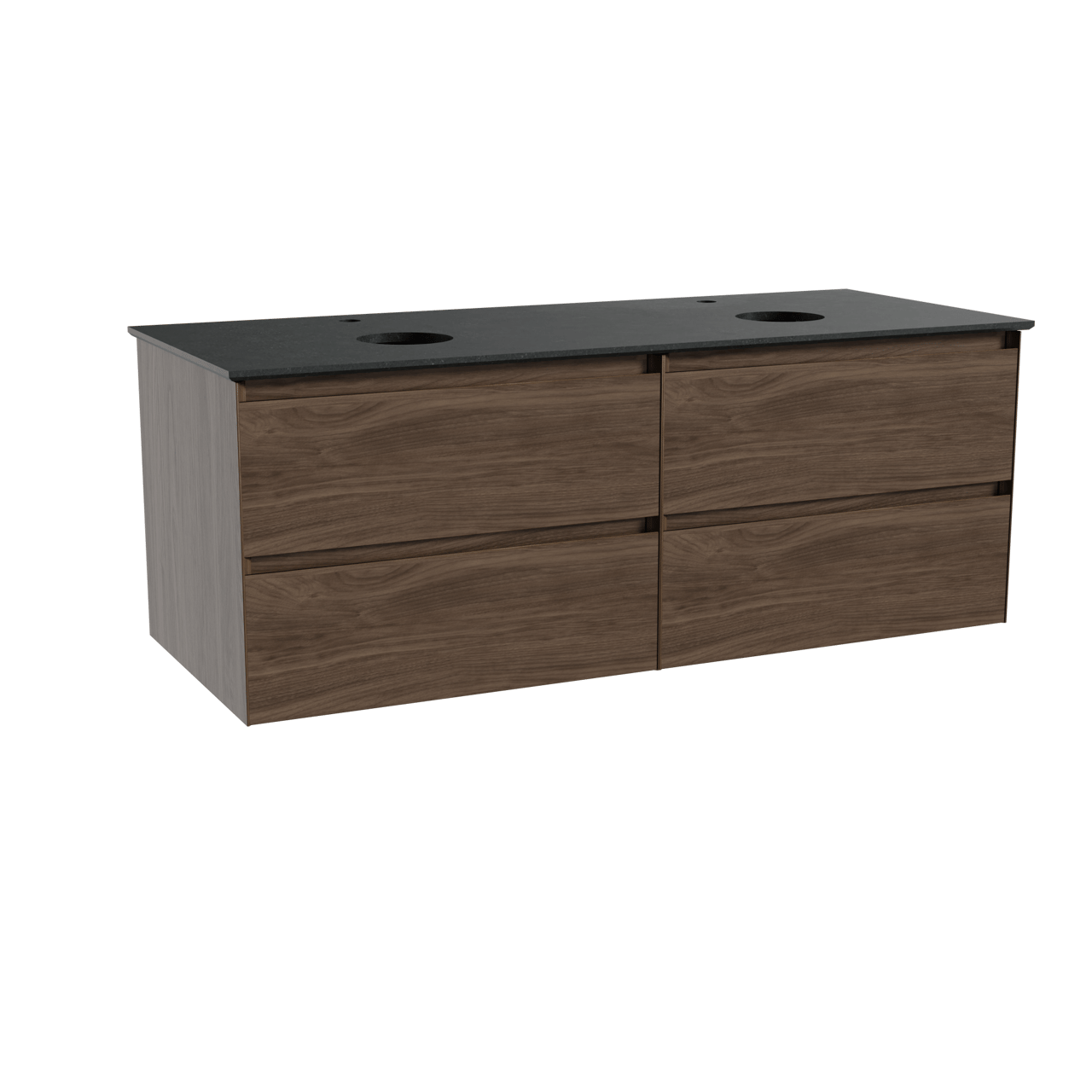 Balmani Mitra hängendes Möbelstück Set: 135 x 55 cm, Amerikanischer Nussbaum, mit Facetta Doppel Waschtischplatte, Schwarzes Granit