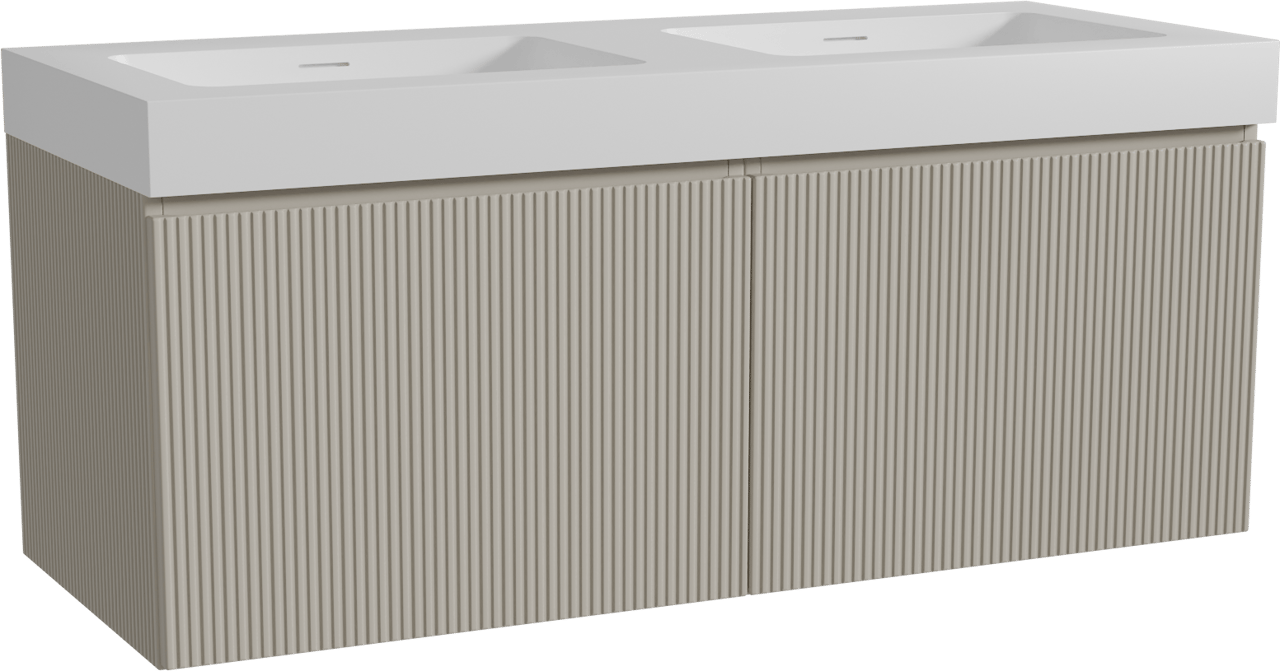 Storke Ribs zwevend badmeubel 130 x 52 cm zijdegrijs met Mata High dubbele wastafel in solid surface mat wit, Verticale symmetrische rechte ribbel