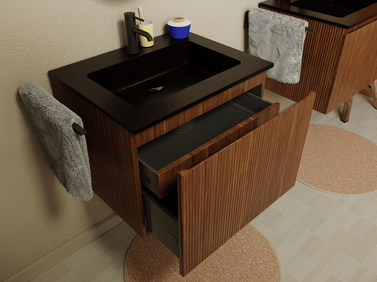 Storke Ribs zwevende wastafelonderkast 65 x 52 cm notelaar 2 lades