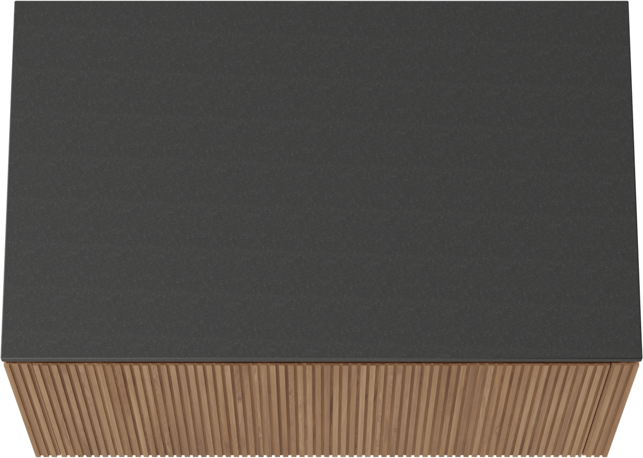 Balmani Eclips meuble salle de bains suspendu 90 x 55 cm Teck avec Stretto tablette simple en Granit noir, Nervure droite symétrique verticale