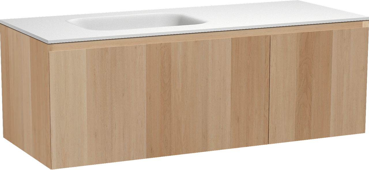 Balmani Idra hängendes Möbelstück Set: 135 x 55 cm, Naturbelassene Eiche, mit Tablo Arcato Waschtisch links, Solid Surface Weiß matt