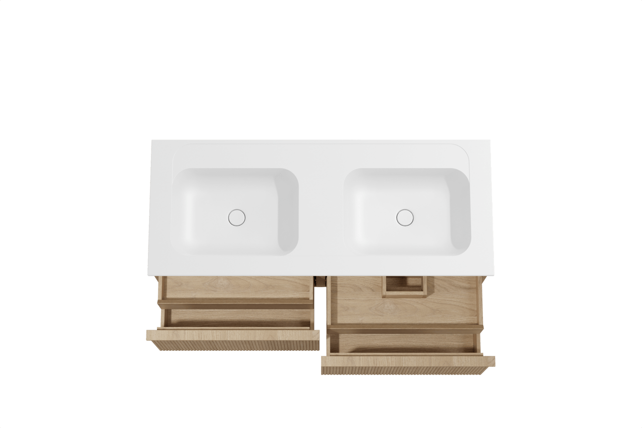 Balmani Forma zwevend badkamermeubel 135 x 55 cm natuur eik met Tablo Strada dubbele wastafel in composietmarmer mat wit, Verticale symmetrische rechte ribbel