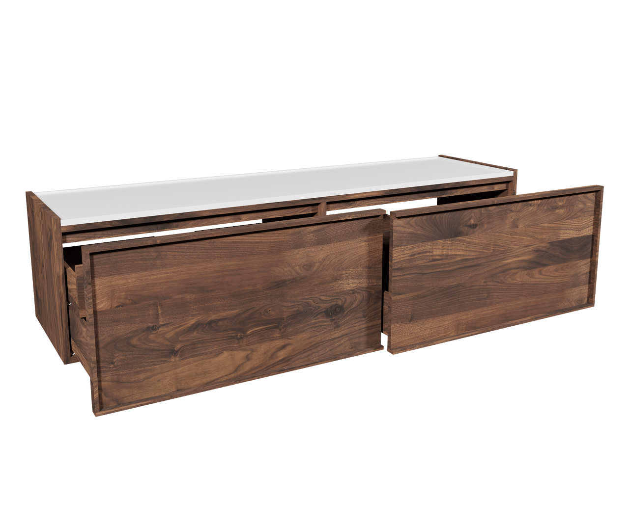 Balmani Quadro zwevend badkamermeubel 184 x 53 cm amerikaanse notelaar met Bordo enkel of dubbel tablet in matte Solid Surface