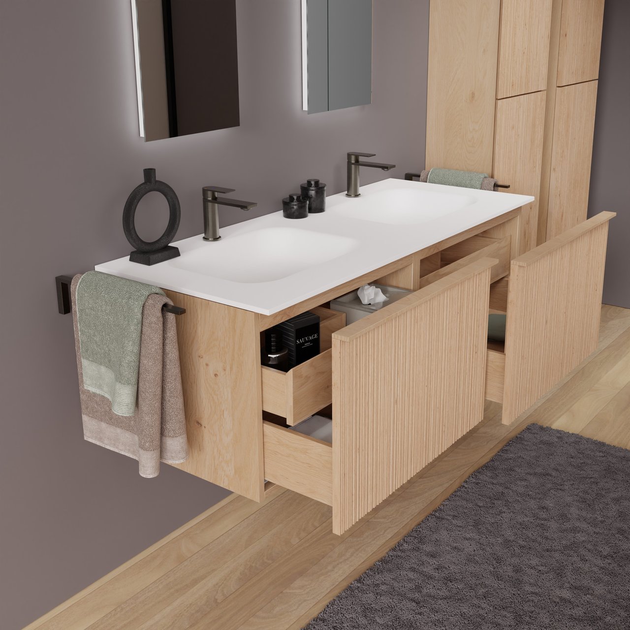 Balmani Forma meuble salle de bains suspendu 135 x 55 cm chêne naturel avec Tablo Arcato double vasque en solid surface blanc mat, Nervure circulaire asymétrique verticale