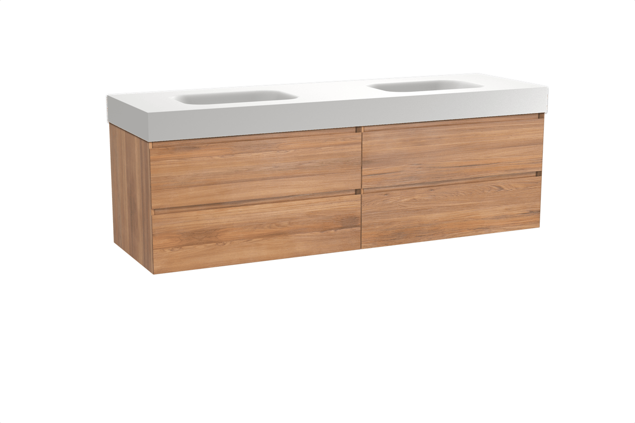 Balmani Mitra hängendes Möbelstück Set: 180 x 55 cm, Teak, mit Arcato Doppelwaschtisch, Solid Surface Weiß matt