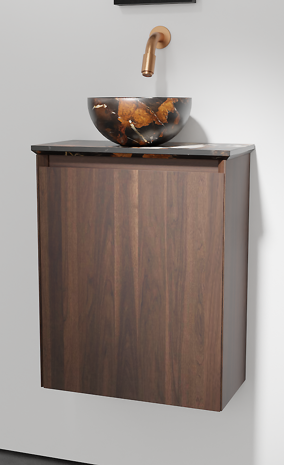 Balmani Mitra zwevend toiletmeubel 42 x 21 cm amerikaanse notelaar met Facetta tablet en Bari XS waskom in Portoro Gold marmer