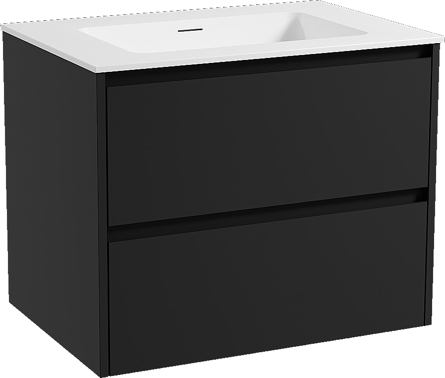 Storke Seda hängendes Möbelstück Set: 75 x 52 cm, Schwarz matt, mit Mata Einzelwaschtisch, Solid Surface Weiß matt