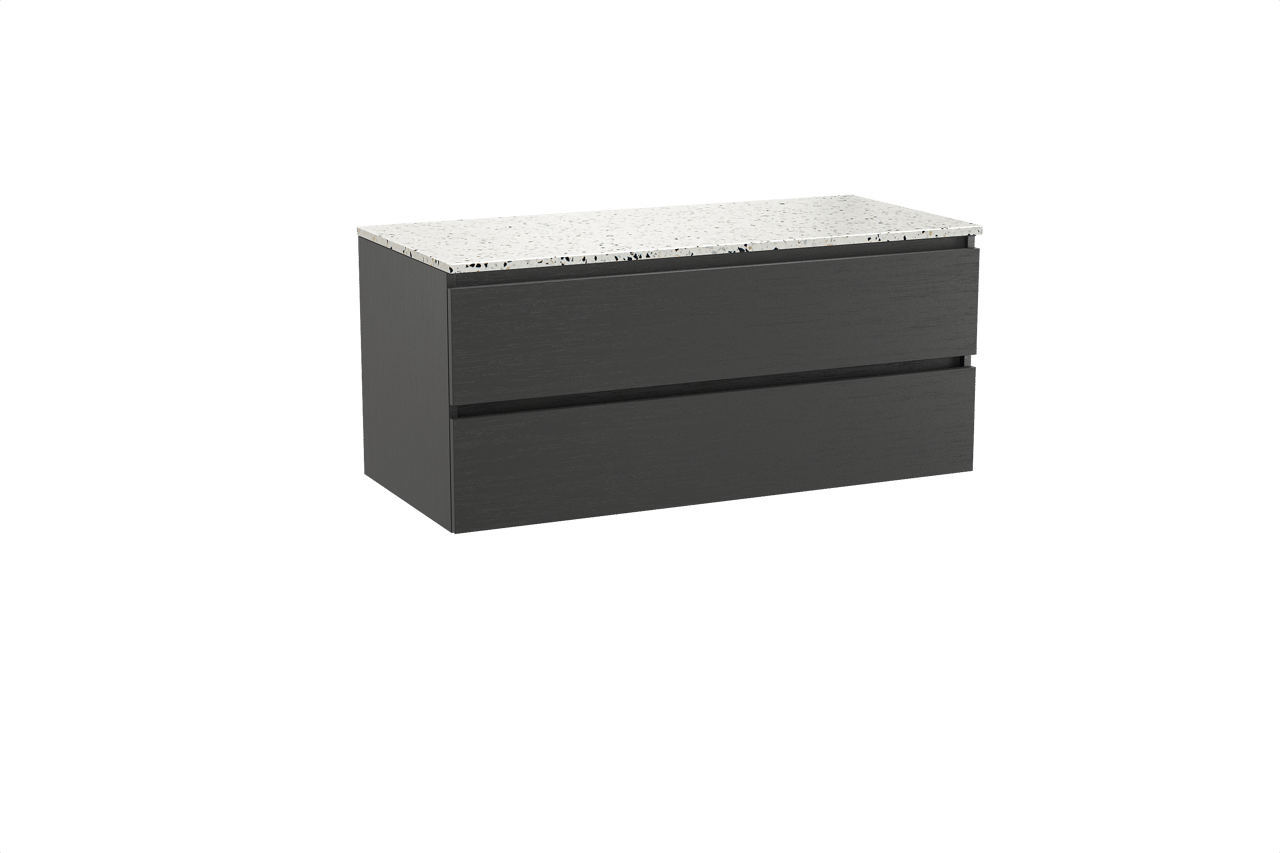 Balmani Lucida meuble salle de bains suspendu 120 x 55 cm chêne noir avec Stretto tablette simple ou double en blanc/noir mat terrazzo