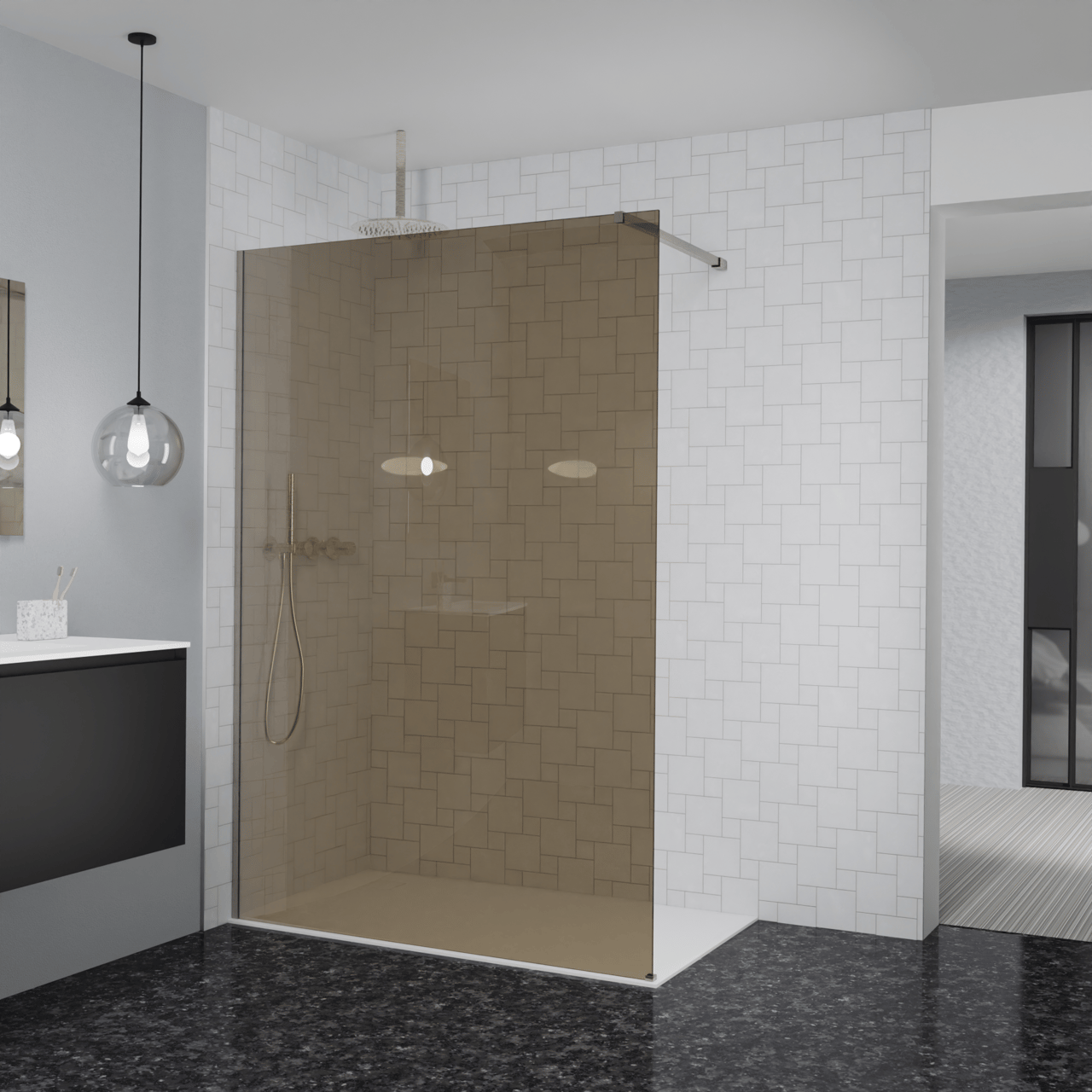Balmani Modular Walk-In Dusche: 140 x 200 cm, Bronze Glas, inklusive Coating, Profil Brushed CoolMetal