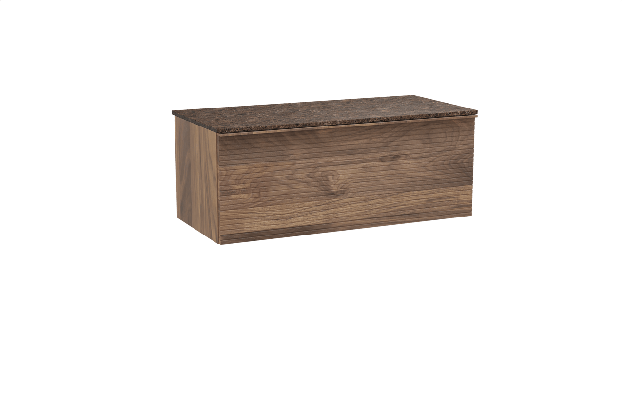 Balmani Forma hängendes Möbelstück Set: 120 x 55 cm, Amerikanischer Nussbaum, mit Stretto Einzel- oder Doppel Waschtischplatte, Marmor, Dark Emperador, Horizontale symmetrische gerade Rippe