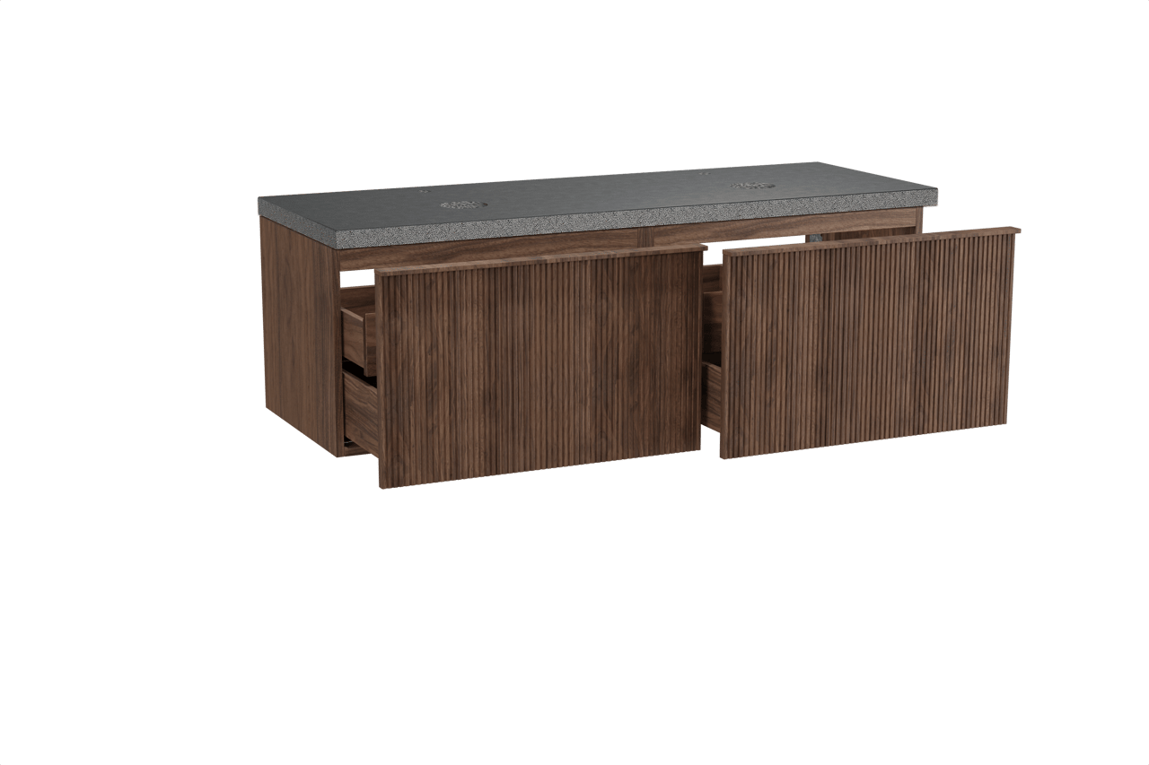 Balmani Forma hängendes Möbelstück Set: 150 x 55 cm, Amerikanischer Nussbaum, mit Rock Doppel Waschtischplatte, Granit, Schwarzes Granit, Vertikale symmetrische gerade Rippe