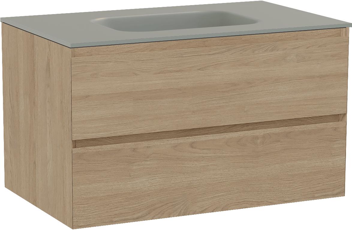 Balmani Mitra zwevend badmeubel 90 x 55 cm naturel eiken met Tablo Arcato enkele wastafel in solid surface steengrijs