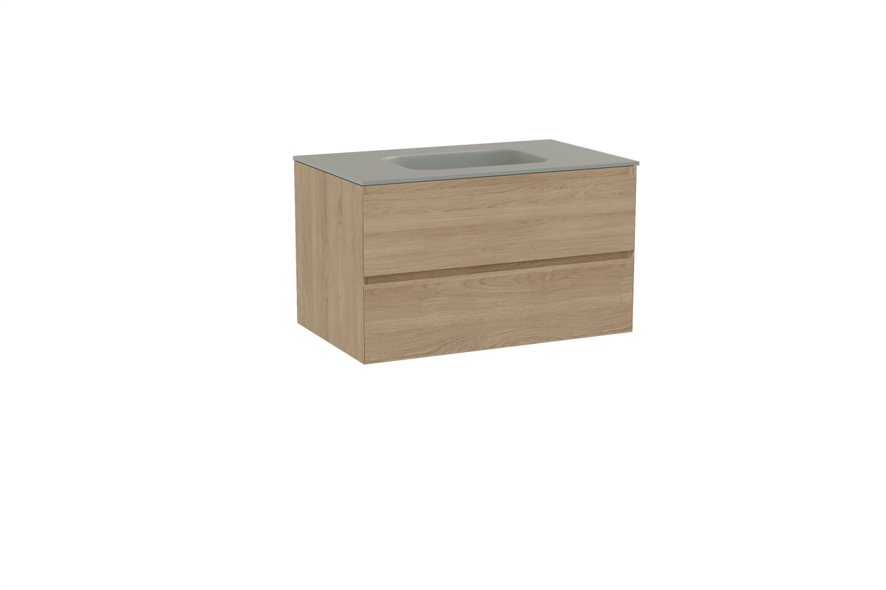 Balmani Mitra zwevend badmeubel 90 x 55 cm naturel eiken met Tablo Arcato enkele wastafel in solid surface steengrijs