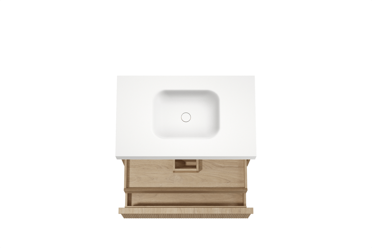 Balmani Forma meuble salle de bains suspendu 90 x 55 cm chêne naturel avec Arcato plan simple en solid surface blanc mat, Nervure droite symétrique verticale