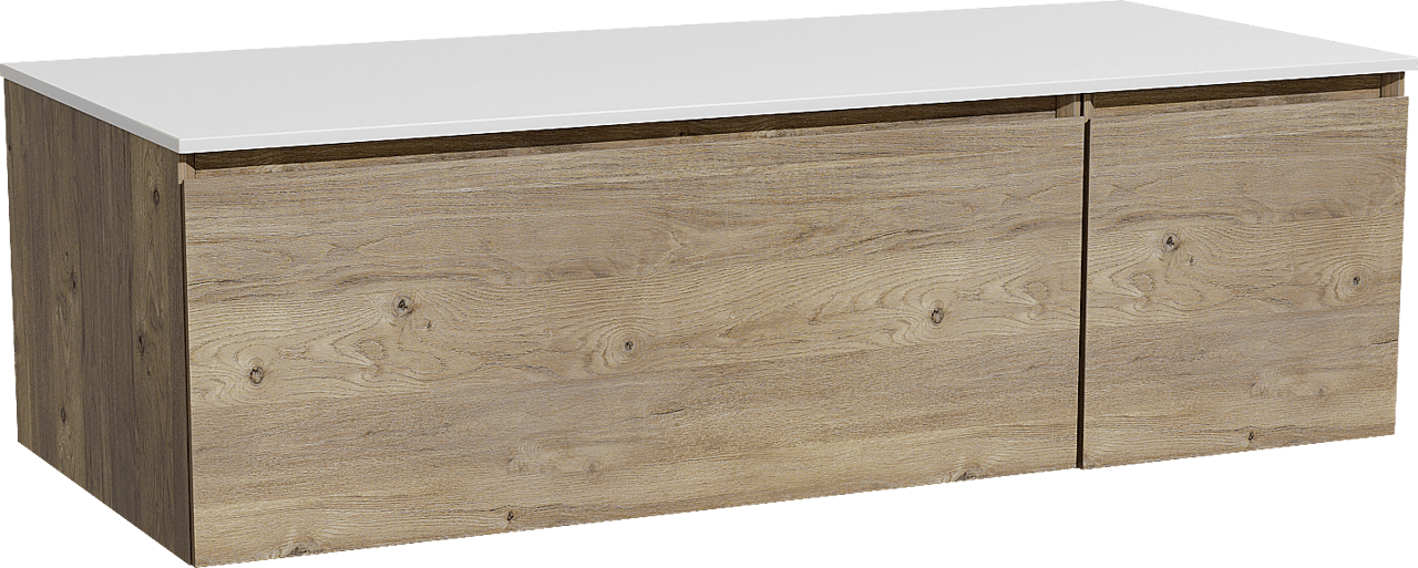 Storke Edge zwevend badmeubel 120 x 52 cm ruw eiken met Tavola enkel of dubbel wastafelblad in solid surface mat wit