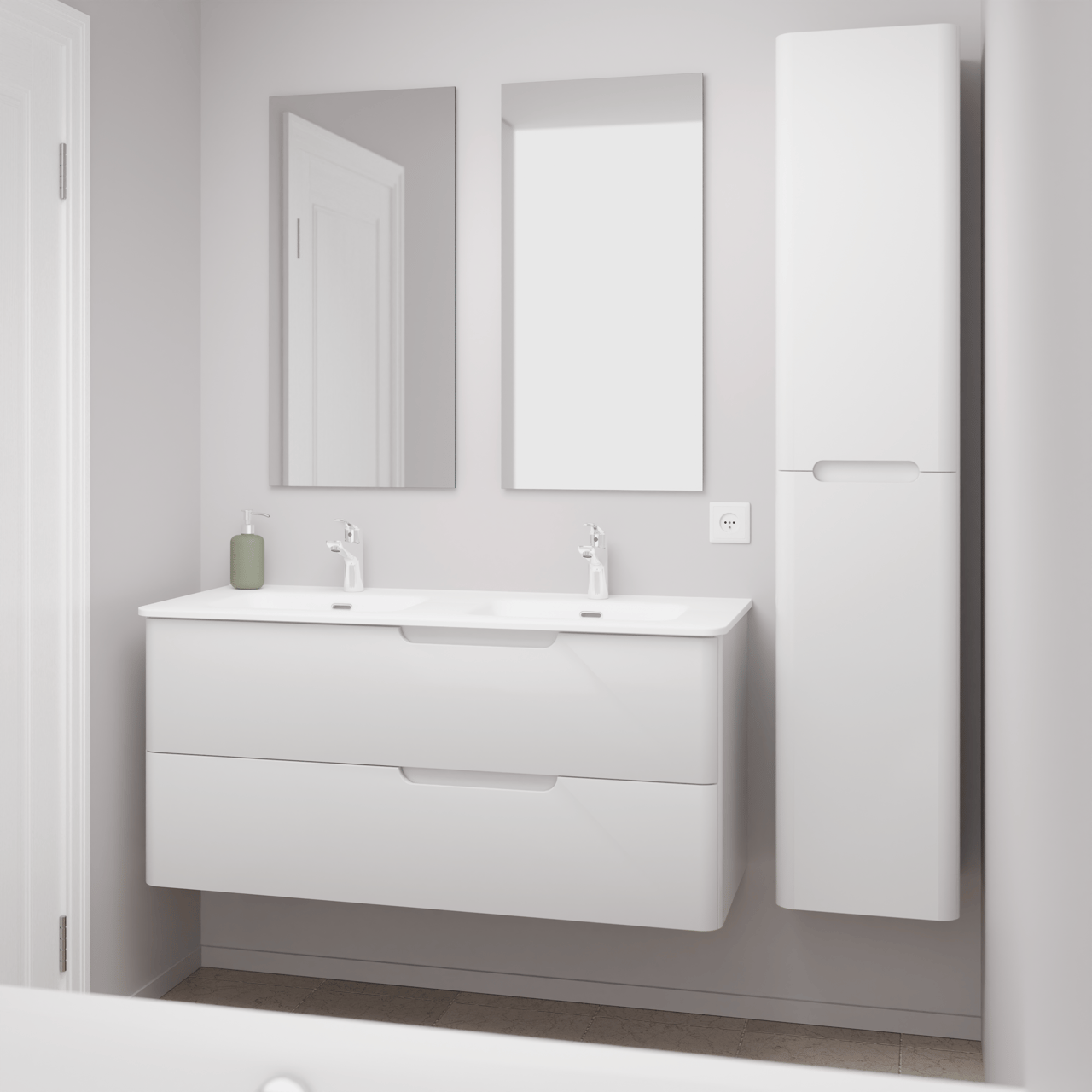 Linie Curvo meuble salle de bains suspendu 120 x 46 cm blanc brillant avec Baro Curvo double vasque en porcelaine blanc brillant et Curvo colonne salle de bains